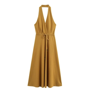 Ginger yellow halter neck V-neck dress with drawstring waist and elegant flared skirt