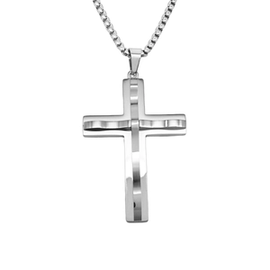 Polished silver wavy cross pendant with box chain, punk style necklace for men and women