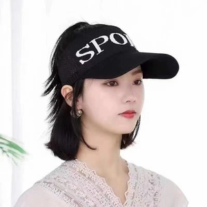 Detail of black knitted sun visor hat featuring white SPORT letter embroidery for women