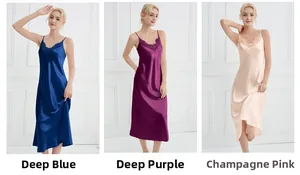 Detailed V-neck lace trim and silky satin fabric on long sleeveless nightdresses