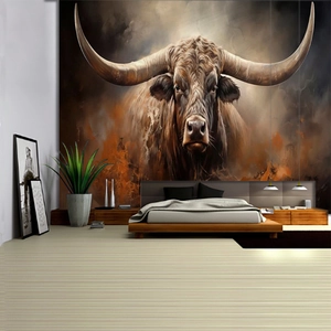 Artistic longhorn bull wall tapestry for bedroom decoration in warm orange and brown tones