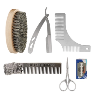 Premium 6-piece men's beard grooming kit with wooden brush and stainless steel razor
