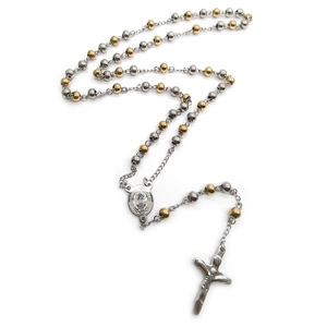 Two-tone stainless steel rosary necklace with 6mm round beads and crucifix pendant