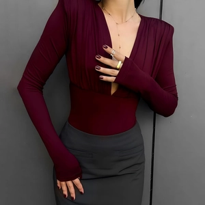 Long Sleeve Bodysuit Ruched Deep V Neck High Stretch Sexy Slim Fit Milk Satin Polyester Snap Crotch Street Style For Women