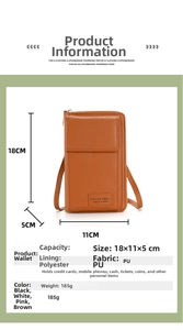 Detailed size specifications and brown lychee grain PU leather cross-body mobile phone bag