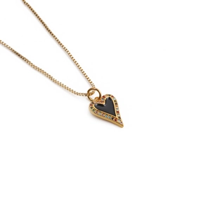 Vintage heart pendant necklace with black enamel and colorful zircon stones on gold chain