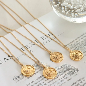 Minimalist gold plated stainless steel sun moon star embossed pendant necklace with zircon