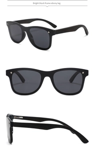 Detailed views of bright black frame sunglasses featuring natural ebony wood temples