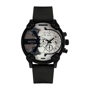 Black multi-dial quartz watch with silicone strap featuring a bold four-timezone display