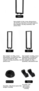 Detailed view of black PE film suspension display frames in multiple sizes with round bases