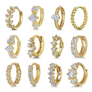 Set of twelve golden S925 sterling silver hoop earrings with sparkling zircon stones