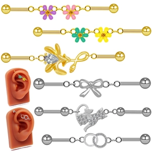 Boucles d'Oreilles Industrial Barbell en Alliage Pastoral Émail Fleur Strass Chat Nœud Bijoux de Piercing pour Femmes Fête Décoration Quotidienne