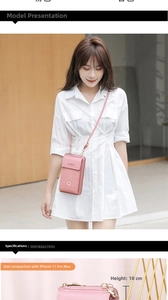 Pink floral crossbody phone bag with 18cm height and size comparison
