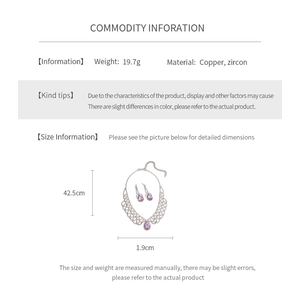 Dettagli dimensionali per set collana e orecchini con goccia di zircone viola e mesh