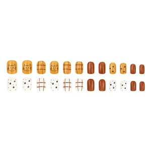 Lot de 24 faux ongles carrés avec motifs de chat, carreaux et étoiles aux tons automnaux