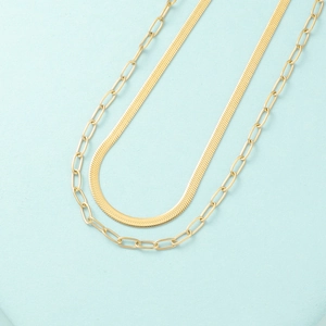 Close-up of golden double-layer necklace featuring herringbone and paperclip chains