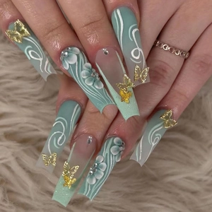 Coffin Press On Nails Matcha Green Gradient With 3D Flowers And Golden Butterfly Alloy Rhinestone French Style