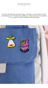 Detail of UFO and egg enamel pins with I'm Coming Out text on a blue canvas bag