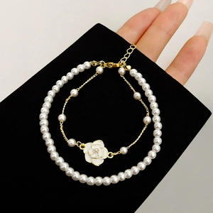 Elegant Camellia Flower Pendant Double Layer Bracelet With Faux Artificial Pearl Real Gold Plated Alloy Hand Jewelry For Women