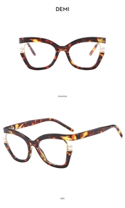 Detailed front and side views of demi cat-eye frames with elegant pearl accents
