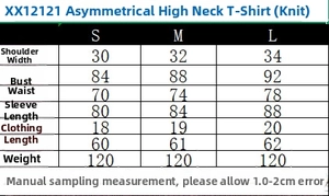 Detailed size chart for the slim fit high neck top with asymmetric hem and knit fabric details