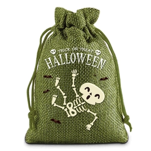 Detailed texture of green burlap Halloween drawstring bag with skull and text print