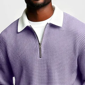 Men's lavender waffle knit long sleeve polo shirt with contrast collar and half-zipper