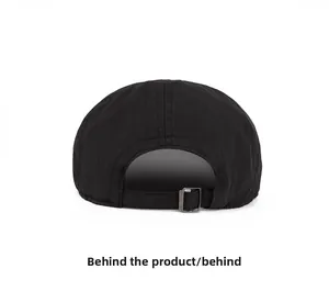 Detail view of quick-dry black cap back with adjustable metal buckle and nylon texture