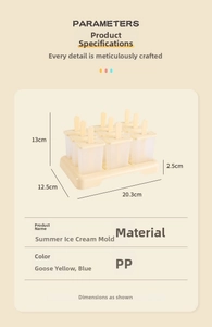 Detailed dimension guide for 8-cell homemade ice pop mold set in yellow PP material