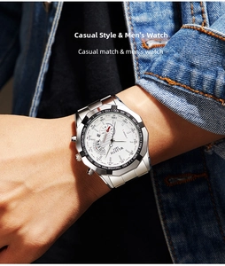 Détail de la montre WLISTH pour homme avec bracelet en acier et cadran chronographe blanc