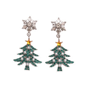 Elegant Christmas tree and snowflake earrings with pearls and rhinestones on white background