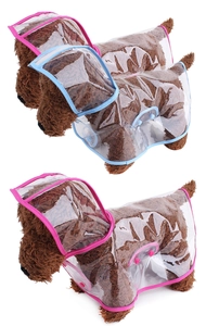 Close-up of clear waterproof pet raincoat featuring pink and blue fabric piping detail