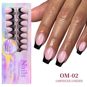 Pink and black French tip press-on nails set with 150 pieces in 15 custom sizes