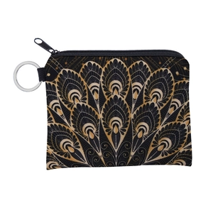 Close-up of mandala pattern print on fabric coin purse with metal keyring detail