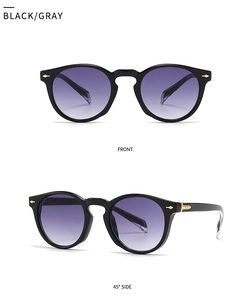 Front and side view of retro round black sunglasses with gray gradient lenses