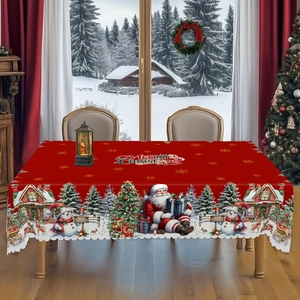 Cozy dining room scene with red Merry Christmas tablecloth featuring Santa and snowman patterns