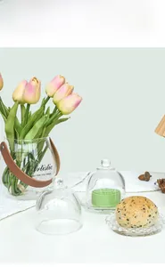 Clear glass cake dome and flower vase with leather handle for elegant home decor