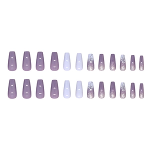 Purple gradient coffin press-on nails with fine glitter and delicate floral designs