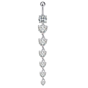 Close-up of silver navel ring with six heart-shaped zircon stones in a vertical drop