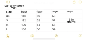 Size chart detail for padded vest showing chest width and length measurements
