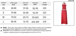 Detailed size guide for sequin halter dress showing bust waist hips and length measurements