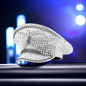 Close-up of sparkling silver rhinestones and crystal details on this bridal captain hat