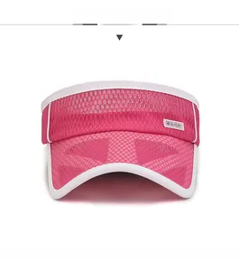 Detailed front view of pink breathable mesh visor cap with sport embroidery detail