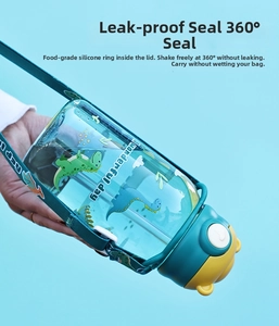 Leak-proof blue cartoon dinosaur kids water bottle with strap and 360 degree seal