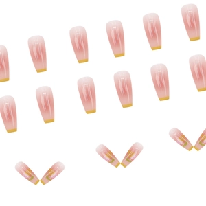 Pink blush gradient press-on nails with yellow French tips and tulip floral patterns