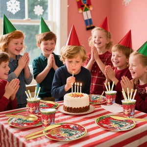 Kids celebrating Christmas with Nutcracker theme party tableware and festive decorations