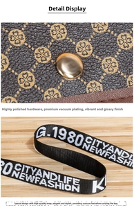 Detail of clover pattern PU leather bag with gold buckle and fabric strap