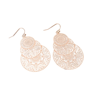 Rose gold hollow leaf flower mandala earrings with intricate bohemian lace-style pattern