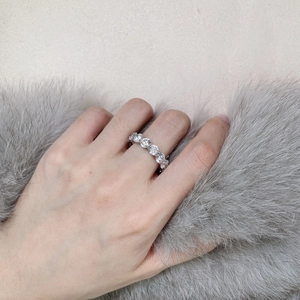 Detailed view of sterling silver eternity ring with round-cut sparkling carbon diamonds