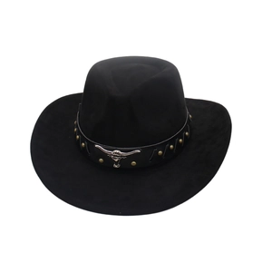 Classic black wide brim suede cowboy hat featuring silver bull head metal ornament